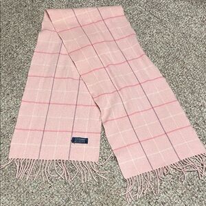 100% cashmere pink plaid print fringe scarf- gorgeous